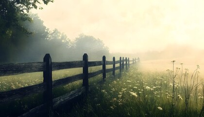 Fototapeta premium Early morning countryside scene with a fence.