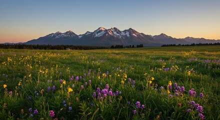 Fototapeta premium Vibrant Wildflower Meadow at Sunrise with Majestic Mountains