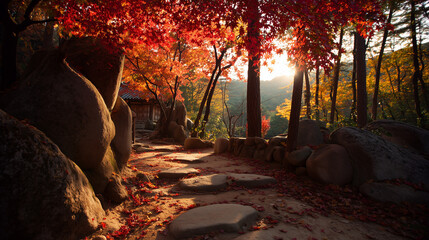 Autumn leaves in Naejangsan National Park, golden hour light