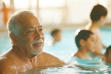Elderly Hispanic lifeguard teaches swimming techniques to children in a pool during sunny afternoon
