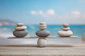 Balanced stones on a wooden seesaw over blurred ocean