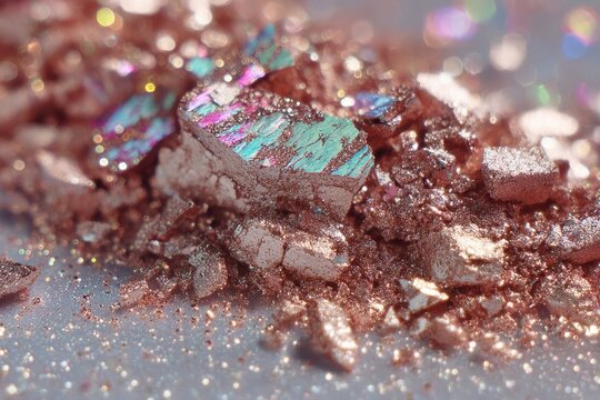 Macro of iridescent and rose gold glittery cosmetic powder texture.