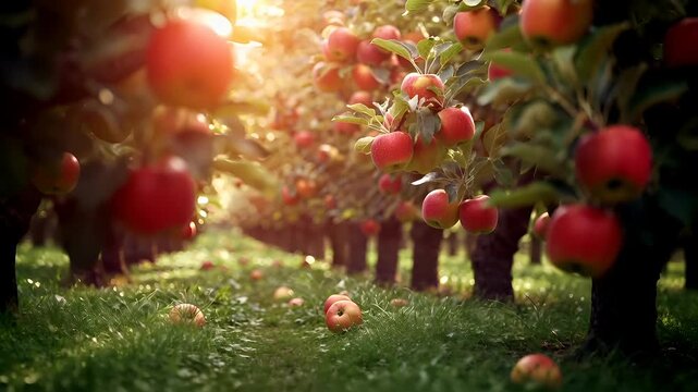 A vivid, sunlit scene of an apple orchard. The main subject is a lush green field dotted with ripe red apples. The visual attributes include the glossy sheen of the apples.