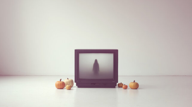 Vintage tv displaying haunting silhouette amid pumpkins, stark white setting capturing minimalist halloween essence