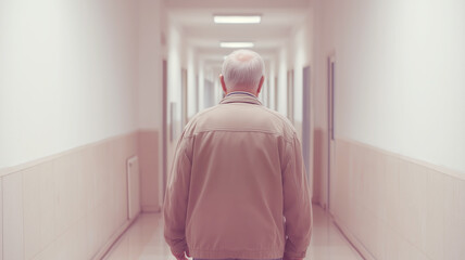 Elderly man walking slowly down long nursing home corridor, empty hall stretching ahead, symmetrical framing