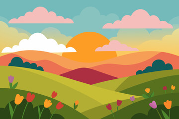 Fototapeta premium Vibrant spring landscape with rolling hills and tulips at sunrise