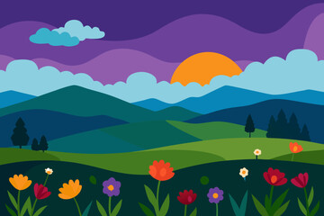 Fototapeta premium Vibrant landscape with rolling hills flowers and sunset sky