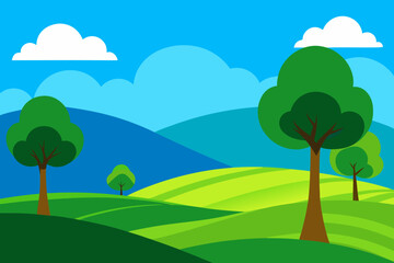 Obraz premium Vibrant cartoon landscape with rolling green hills and trees under a blue sky with clouds