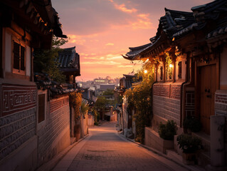 Traditional hanok houses in Bukchon village during sunset