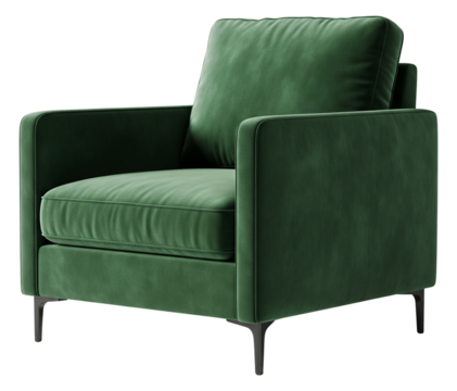 Modern, plush emerald green velvet armchair with comfortable cushions and sleek black legs, isolated on transparent background, representing contemporary furniture and interior design