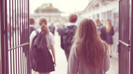 Students departing through school gate, backs turned, capturing youthful movement and academic environment's dynamic spirit