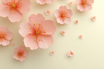 Elegant pink paper flowers with golden details floating on a soft cream backdrop