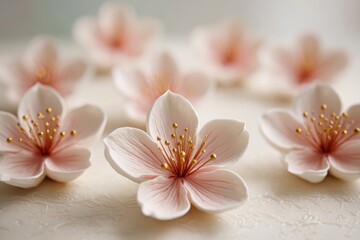 Naklejka premium Elegant and delicate light pink and white cherry blossoms with golden details, soft focus background.