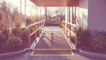 Wheelchair accessible metal ramp bathed in golden sunset light, providing barrier free architectural entry for mobility challenged individuals