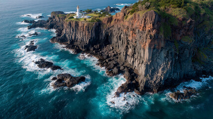 Jeju Island cliff coastline with lighthouse and waves crashing