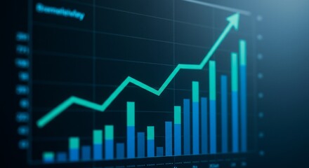 Ascending Teal Line Graph with Blue Column Chart on Dark Background