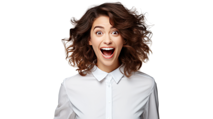 Surprised young woman with open mouth and expressive facial reaction isolated on white background
