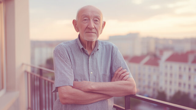Senior man standing on a balcony with arms crossed, savoring the serene golden hour view of the city skyline and architecture