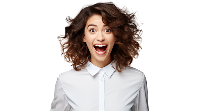 Surprised young woman with open mouth and expressive facial reaction isolated on white background
