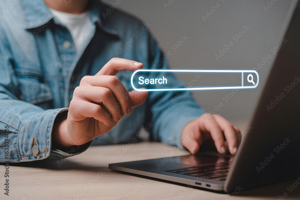 Poster person using a laptop computer and interacting with a glowing digital search bar interface symbolizi