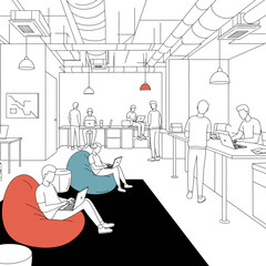 Line art illustration of a modern, open-plan office space with people working at desks and relaxing in beanbag chairs, promoting a collaborative environment.