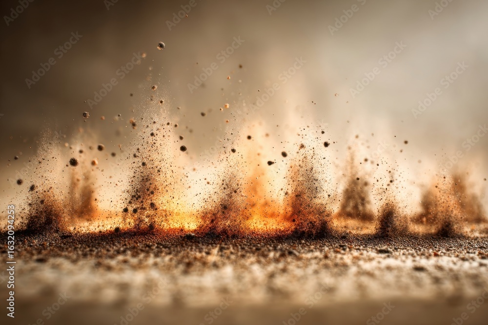 Poster dynamic close-up of a powerful dust explosion with flying particles and orange glow.