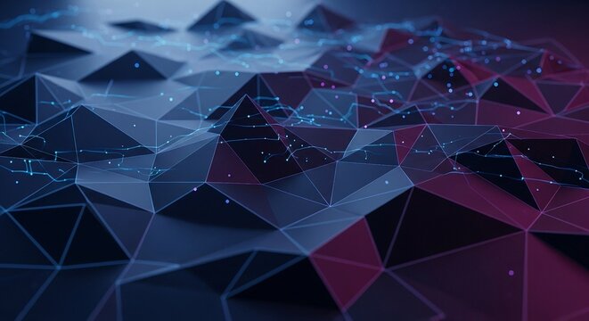 Abstract digital network of geometric shapes and glowing light connections on a dark blue and purple gradient background