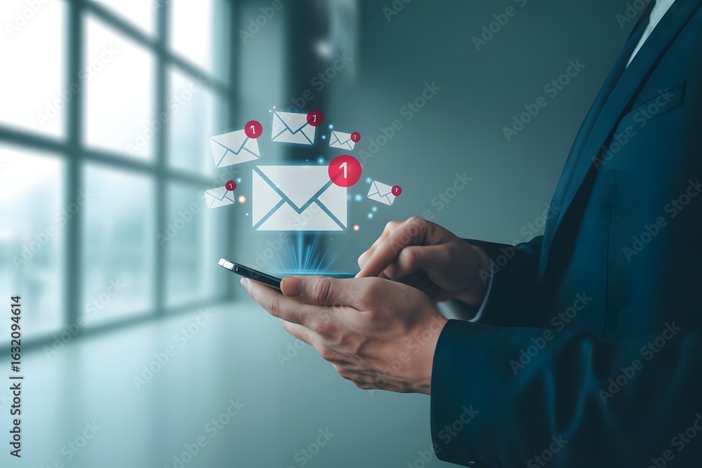 Poster businessman in a suit using a smartphone with a glowing email icon and notification bubbles appearin