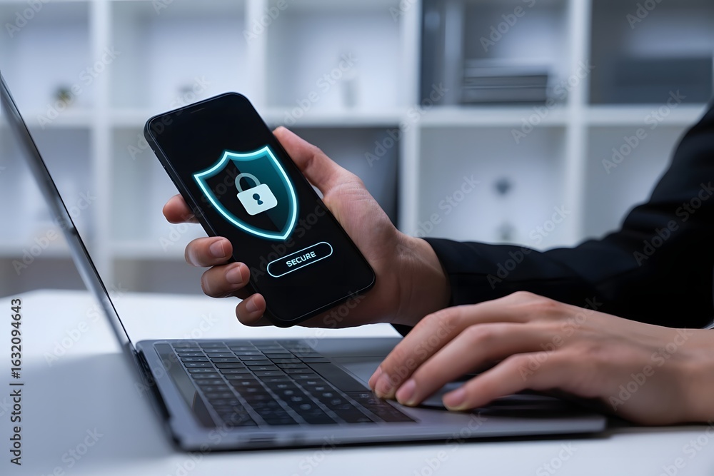 Poster close up of a person s hands using a laptop and holding a smartphone displaying a digital security s