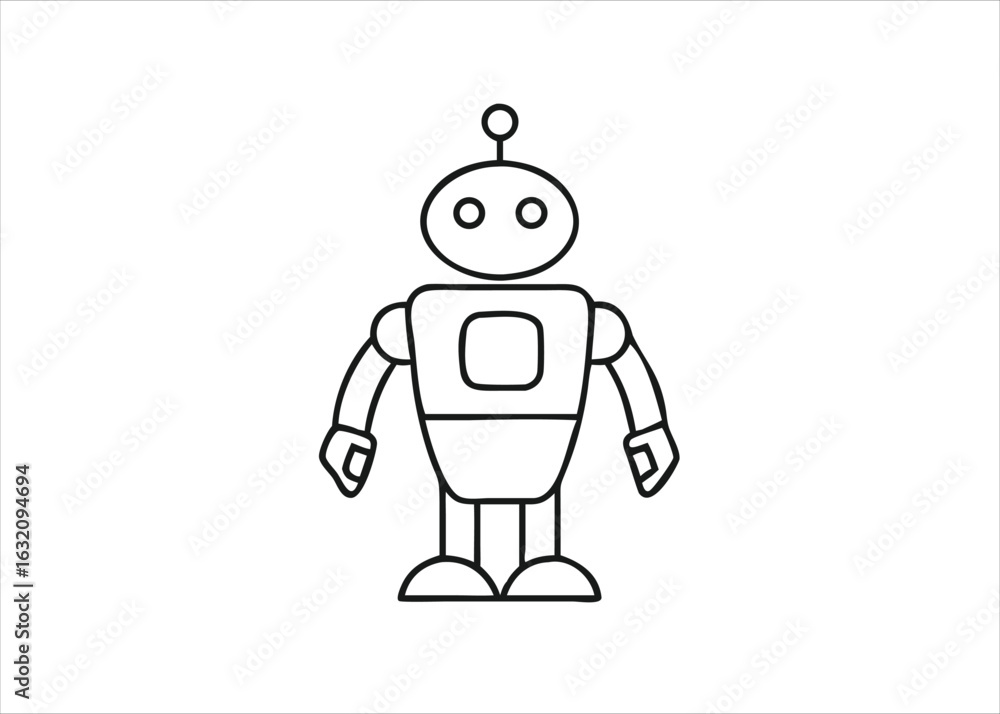 Poster A charming line art depiction of a classic retro robot with a friendly expression presented as a singular graphic element isolated on white background