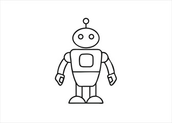 A charming line art depiction of a classic retro robot with a friendly expression presented as a singular graphic element isolated on white background