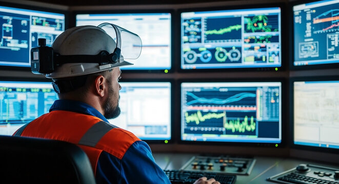 Male industrial engineer in a modern control room monitoring complex system data on multiple computer screens.