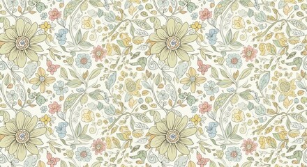 Delicate floral pattern with pastel colors and intricate details, perfect for textile designs, wallpapers, and surface patterns.