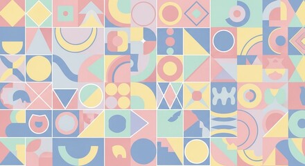 Retro geometric pattern with pastel colors and abstract shapes, perfect for modern design and backgrounds.