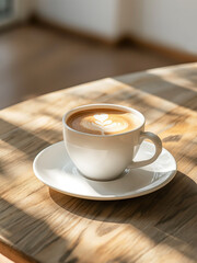 Obraz premium White mug coffee hot drink rich caffeine on wooden table creamy foam form delicate art.