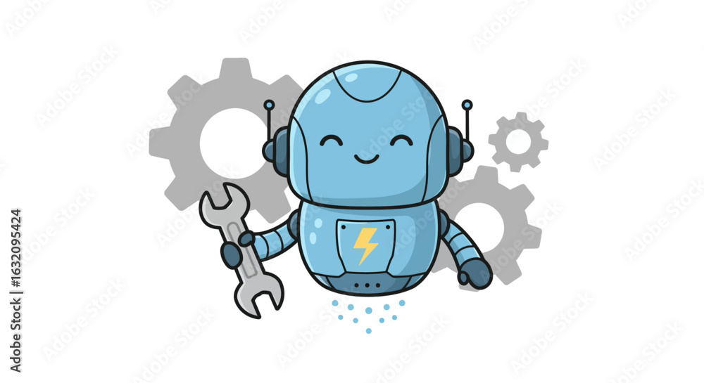 Aufkleber a friendly blue robot with a wrench and gears symbolizing mechanical engineering and automation