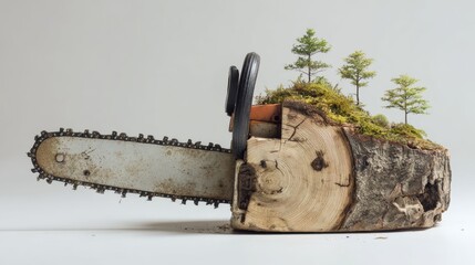 Chainsaw with a tree stump and trees on top