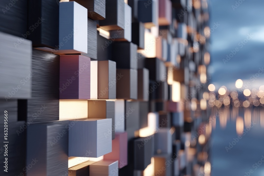 Poster abstract architectural wall with illuminated geometric blocks and bokeh lights.