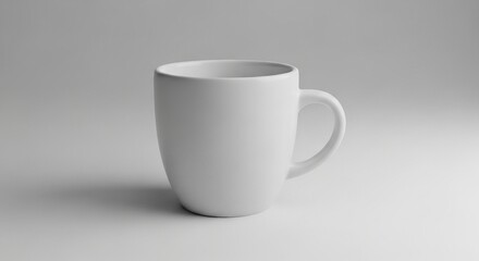 Fototapeta premium Elegant white coffee mug stands alone on a neutral surface, perfect for showcasing branding, drinkware designs, or use in minimalistic lifestyle layouts and promotional material.