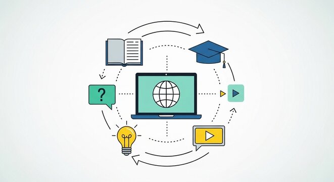 A colorful vector illustration depicting online learning concept with a laptop, graduation cap, book, question mark, and video icons on a light background.