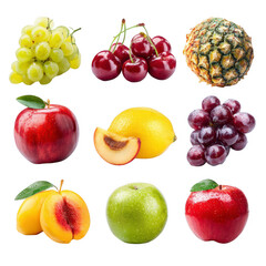 Nine whole and sliced fruits, vibrant colors, close-up