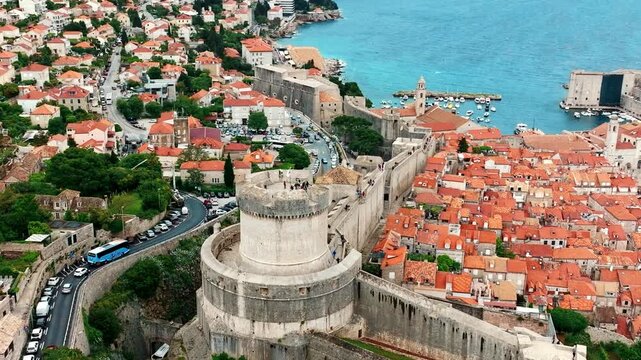  Aerial view of Dubrovnik Old Town fortress, Croatia. Historic centre of Croatia, major tourist attraction in Europe in summer.