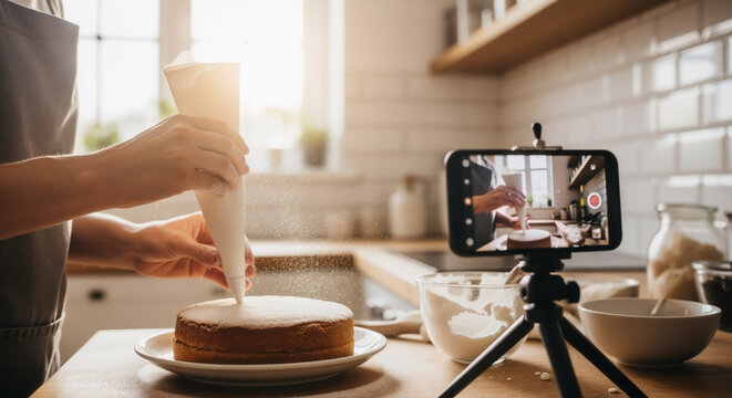 Baker recording a wide-angle video tutorial on cake decorating for a food blog in a modern kitchen