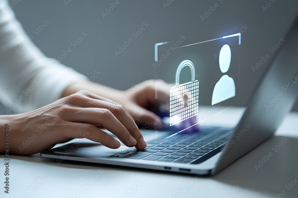 Poster close up of hands typing on a laptop keyboard with a glowing digital padlock and user icon symbolizi