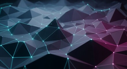 Abstract blue and purple 3D polygonal network with illuminated nodes and lines, representing technology, data, and interconnected digital landscapes.