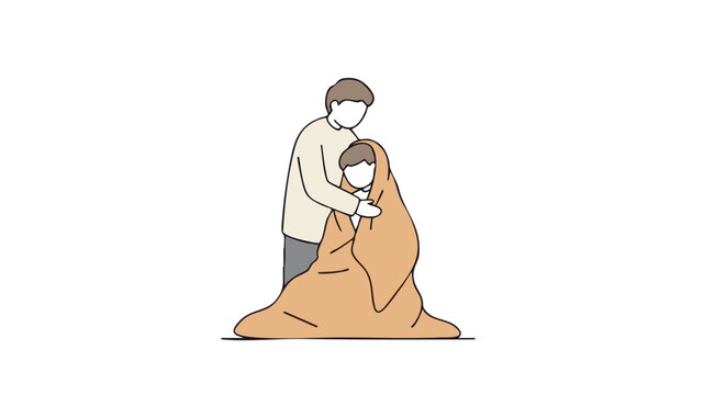Vector Illustration of a Caring Man Comforting a Child Underneath a Blanket in a Simple Minimalist Style with Neutral Tones