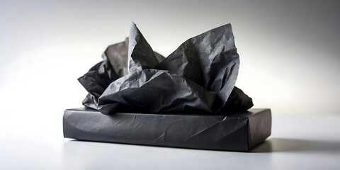 A minimalist composition featuring crumpled black tissue paper emerging from a black gift box, set against a clean white background with subtle lighting