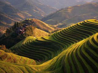 Rice terraces of Longsheng glowing in sunset light