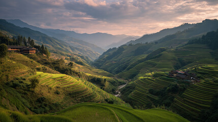 Rice terraces of Longsheng glowing in sunset light