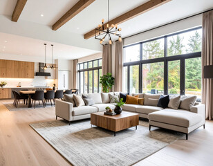 Fototapeta premium Stylish modern living room design open concept home interior decor bright environment wide-angle view cozy and elegant ambiance